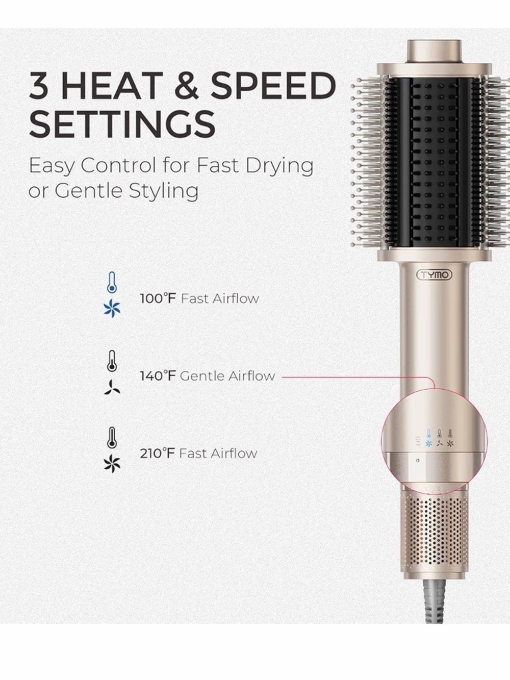 TYMO Rose Gold Hot Air Styling Brush with 3 Heat & Speed Settings